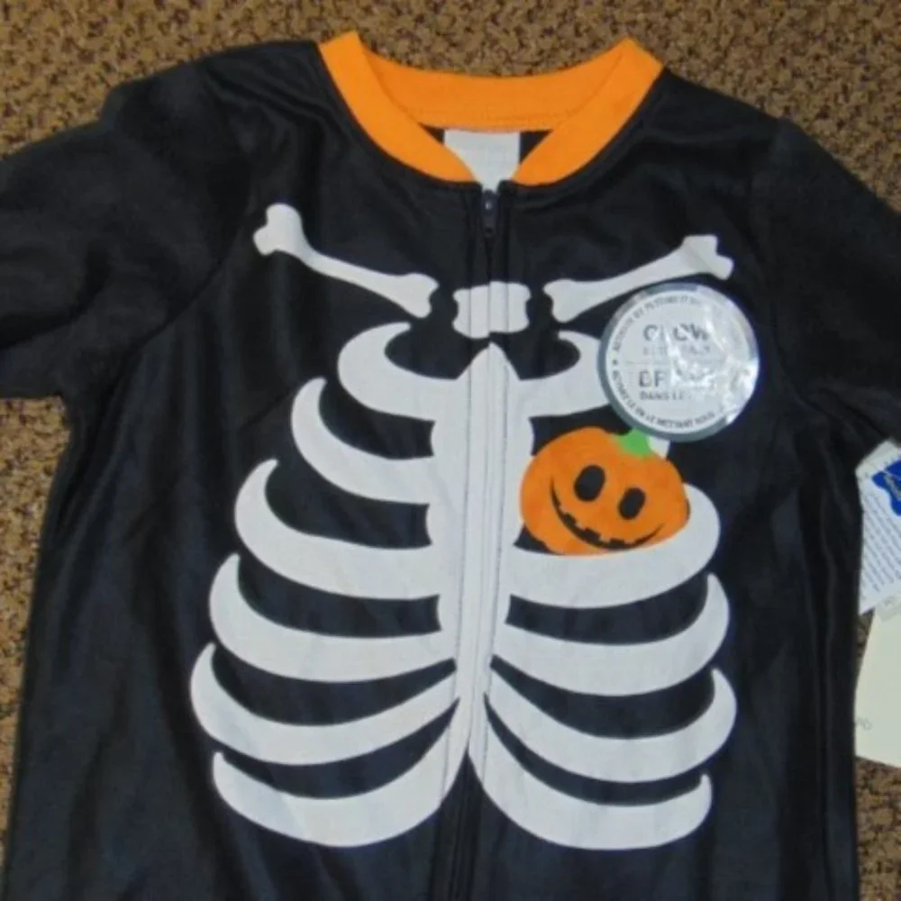 Skeleton GLOW IN THE DARK 1 Pc Halloween Pajamas 4T Black Fleece Zip Toddler Boy
